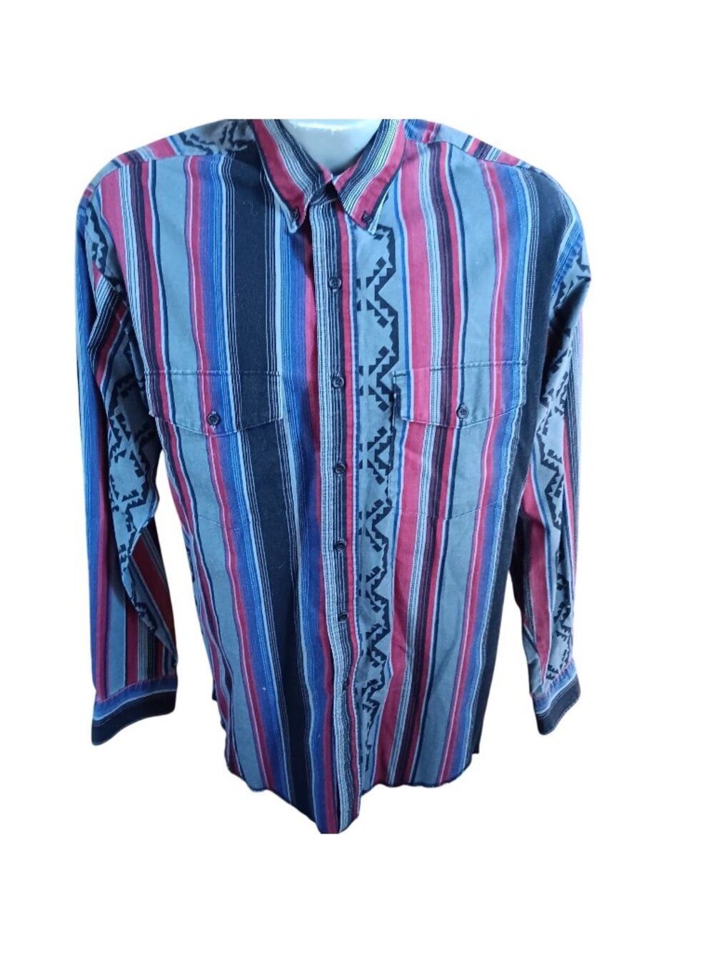 True Vintage Large Western SHirt Wrangler X-Long Tail 16.5-35 Striped Aztec Mex
